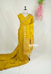 Greenish Yellow - Vadhanam - Jute Tussar Silk Saree Colorful Flower Weaving Border with Leaf Buttas - Perfect for Diwali Festive