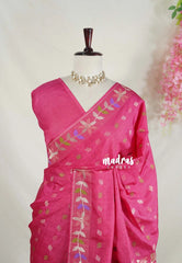 Raspberry Pink - Vadhanam - Jute Tussar Silk Saree Colorful Flower Weaving Border with Leaf Buttas - Perfect for Diwali Festive