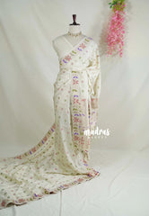 Creamy Ivory - Vadhanam - Jute Tussar Silk Saree Colorful Flower Weaving Border with Leaf Buttas - Perfect for Diwali Festive