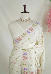 Creamy Ivory - Vadhanam - Jute Tussar Silk Saree Colorful Flower Weaving Border with Leaf Buttas - Perfect for Diwali Festive