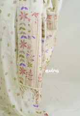 Creamy Ivory - Vadhanam - Jute Tussar Silk Saree Colorful Flower Weaving Border with Leaf Buttas - Perfect for Diwali Festive