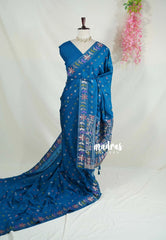 Peacock Blue - Vadhanam - Jute Tussar Silk Saree Colorful Flower Weaving Border with Leaf Buttas - Perfect for Diwali Festive
