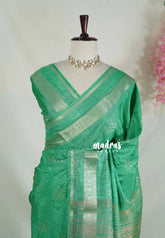 Sea Green - Vadhanam - Jute Tussar Silk Saree Buttas and Stripes Weaving with Peacock Border - Perfect for Diwali Festive