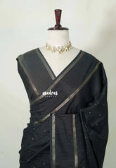 Ebony Black - Jute Tussar Silk Saree Rettapet Border with Buttas - Best for Small Functions