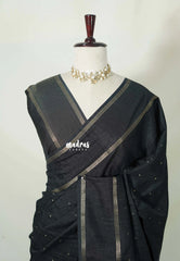 Ebony Black - Jute Tussar Silk Saree Rettapet Border with Buttas - Best for Small Functions