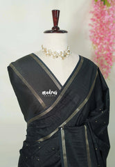 Ebony Black - Jute Tussar Silk Saree Rettapet Border with Buttas - Best for Small Functions