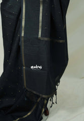 Ebony Black - Jute Tussar Silk Saree Rettapet Border with Buttas - Best for Small Functions