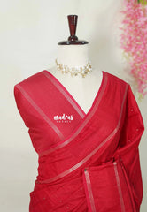 Crimson Red - Jute Tussar Silk Saree Rettapet Border with Buttas - Best for Small Functions