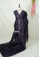 Midnight Purple - Jute Tussar Silk Saree with Stripes Texture and Small Border - Best for Small Functions