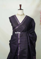 Midnight Purple - Jute Tussar Silk Saree with Stripes Texture and Small Border - Best for Small Functions