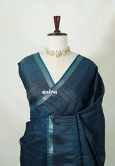 Midnight Teal Blue - Jute Tussar Silk Saree with Stripes Texture and Small Border - Best for Small Functions
