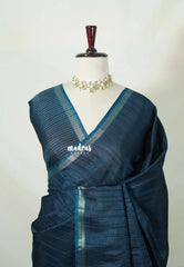 Midnight Teal Blue - Jute Tussar Silk Saree with Stripes Texture and Small Border - Best for Small Functions