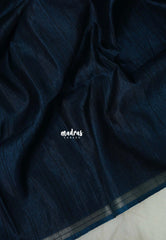 Midnight Teal Blue - Jute Tussar Silk Saree with Stripes Texture and Small Border - Best for Small Functions