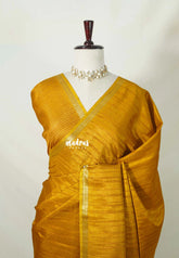 Mustard Yellow - Jute Tussar Silk Saree with Stripes Texture and Small Border - Best for Small Functions