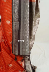 Rust Orange - Vadhanam - Jute Tussar Silk Saree Flower Border with Buttas Contrast Pallu and Blouse - Perfect for Diwali Festive