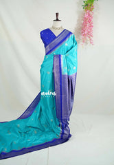 Anandha Blue - Vadhanam - Jute Tussar Silk Saree Flower Border with Buttas Contrast Pallu and Blouse - Perfect for Diwali Festive