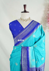 Anandha Blue - Vadhanam - Jute Tussar Silk Saree Flower Border with Buttas Contrast Pallu and Blouse - Perfect for Diwali Festive