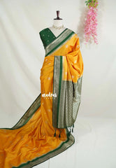 Turmeric Yellow - Vadhanam - Jute Tussar Silk Saree Flower Border with Buttas Contrast Pallu and Blouse - Perfect for Diwali Festive