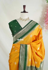 Turmeric Yellow - Vadhanam - Jute Tussar Silk Saree Flower Border with Buttas Contrast Pallu and Blouse - Perfect for Diwali Festive