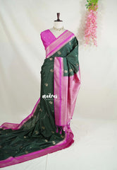 Midnight Green - Vadhanam - Jute Tussar Silk Saree Flower Border with Buttas Contrast Pallu and Blouse - Best for Small Functions