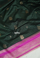 Midnight Green - Vadhanam - Jute Tussar Silk Saree Flower Border with Buttas Contrast Pallu and Blouse - Best for Small Functions