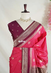 Raspberry Pink - Vadhanam - Jute Tussar Silk Saree Flower Border with Buttas Contrast Pallu and Blouse - Perfect for Diwali Festive
