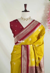 Yellowish Green - Vadhanam - Jute Tussar Silk Saree Flower Border with Buttas Contrast Pallu and Blouse - Perfect for Diwali Festive