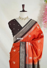 Rust Orange - Vadhanam - Jute Tussar Silk Saree Flower Border with Buttas Contrast Pallu and Blouse - Perfect for Diwali Festive