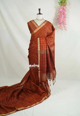 Rust Brown - Vadhanam - 120 count Jute Tussar Silk Saree with Tissue Border - Best for Office Wear | Casual Wear