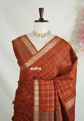 Rust Brown - Vadhanam - 120 count Jute Tussar Silk Saree with Tissue Border - Best for Office Wear | Casual Wear