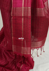 Pinkish Maroon - Vadhanam - Jute Tussar Silk Saree Horizontal Chain Stripes with Plain Border - Best for Small Functions