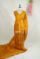 Mustard Yellow - Vadhanam - Jute Tussar Silk Saree Horizontal Chain Stripes with Plain Border - Best for Small Functions