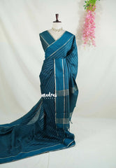 Deep Teal Blue - Vadhanam - Jute Tussar Silk Saree Horizontal Chain Stripes with Plain Border - Best for Small Functions