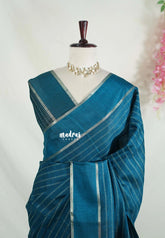 Deep Teal Blue - Vadhanam - Jute Tussar Silk Saree Horizontal Chain Stripes with Plain Border - Best for Small Functions