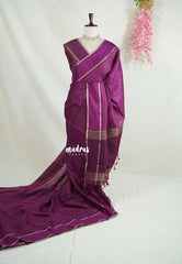 Mulberry Purple - Vadhanam - Jute Tussar Silk Saree Horizontal Chain Stripes with Plain Border - Best for Small Functions