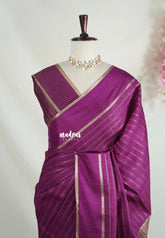 Mulberry Purple - Vadhanam - Jute Tussar Silk Saree Horizontal Chain Stripes with Plain Border - Best for Small Functions