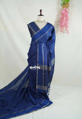 Indigo Blue - Vadhanam - Jute Tussar Silk Saree Horizontal Chain Stripes with Plain Border - Best for Small Functions