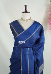 Indigo Blue - Vadhanam - Jute Tussar Silk Saree Horizontal Chain Stripes with Plain Border - Best for Small Functions