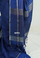 Indigo Blue - Vadhanam - Jute Tussar Silk Saree Horizontal Chain Stripes with Plain Border - Best for Small Functions