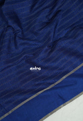 Indigo Blue - Vadhanam - Jute Tussar Silk Saree Horizontal Chain Stripes with Plain Border - Best for Small Functions