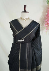 Jet Black - Vadhanam - Jute Tussar Silk Saree Horizontal Chain Stripes with Plain Border - Best for Small Functions