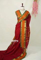 Divine Maroon - vaibhogam 120 count Pure mercerized silk cotton with buttas and rettapet border