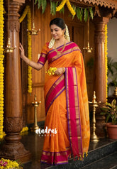 Dual shade Pumpkin Orange - Vaibhogam 120 count Pure mercerized silk cotton with buttas and rettapet border