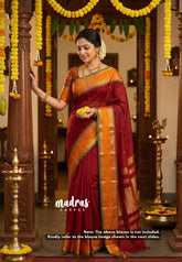 Divine Maroon - vaibhogam 120 count Pure mercerized silk cotton with buttas and rettapet border