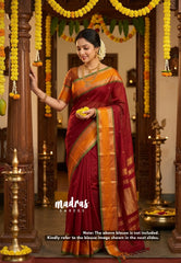 Divine Maroon - vaibhogam 120 count Pure mercerized silk cotton with buttas and rettapet border