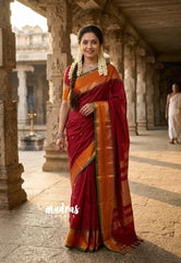 Divine Maroon - vaibhogam 120 count Pure mercerized silk cotton with buttas and rettapet border