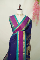 Dual shade Midnight Blue - Vaibhogam 120 count Pure mercerized silk cotton with buttas and rettapet border