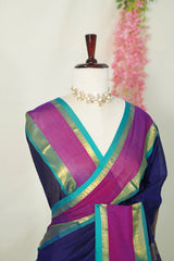 Dual shade Midnight Blue - Vaibhogam 120 count Pure mercerized silk cotton with buttas and rettapet border