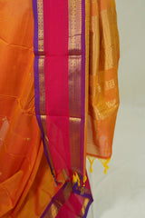 Dual shade Pumpkin Orange - Vaibhogam 120 count Pure mercerized silk cotton with buttas and rettapet border