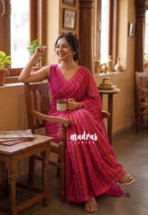 (PRE-BOOKING) Organic linen Orange and pink stripes Rose pallu - Vanibhojan pink saree